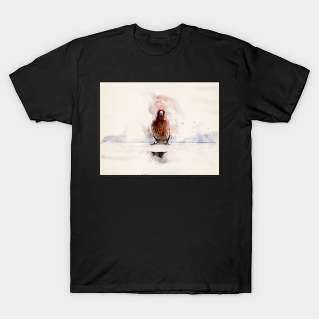 Small Bird on a Ledge Watercolor Portrait T-Shirt by jecphotography